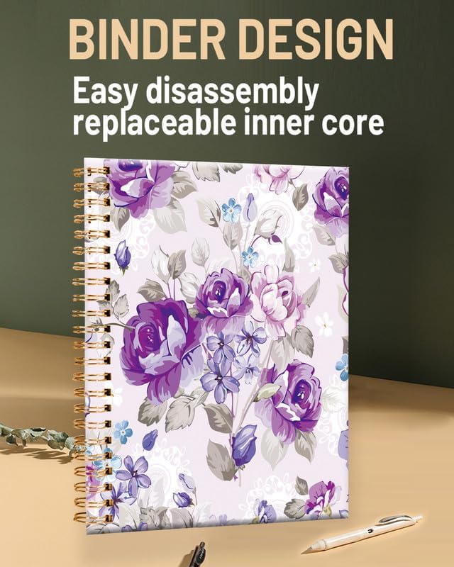 Spiral Journal Notebook for Women,A5 College Ruled Notebooks 6"x 8.4", 120 Pages (60 Sheets) Lined Journal with Premium Thick Paper,Perfect for School Office Home(Watercolor Flowers Rose Lavender)