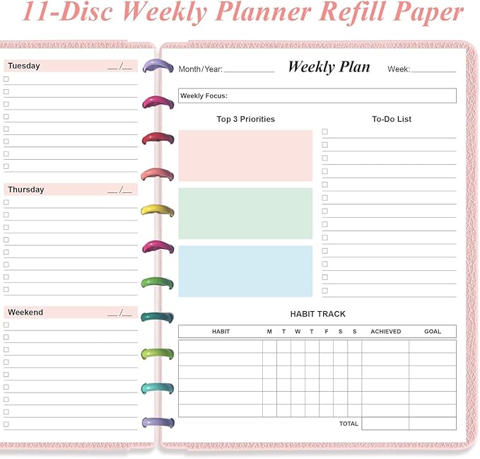 Weekly Planner Undated Refills - Letter Size 53 Sheets/106 Pages Colorful Weekly Planner for 11-Disc Discbound, TUL, 100 gsm White Paper, Lasts 1 Year, Undated, 8.5" x 11"