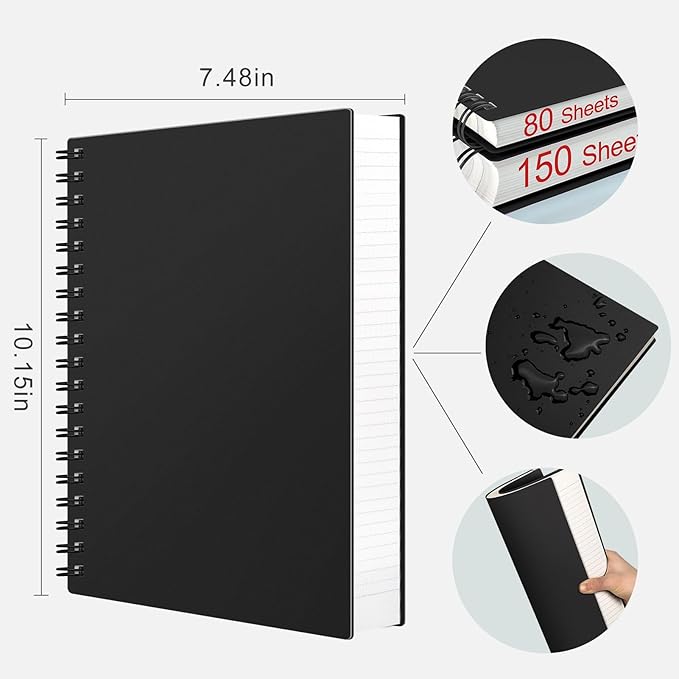 AHGXG Spiral Notebook College Ruled - Spiral Notebook Journal Large B5 7.6" x 10", 300 Pages/150 Sheets, 100GSM Thick Paper, Plastic Hardcover, for Women Men Office School, Black
