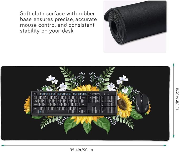 Extra Large Mouse Pads Sunflowers Wild Flowers XXL Extended Mousepad with Stitched Edges Non-Slip Rubber Base Computer Keyboard Pad Desk Mat for Home Office Desk Decor, 35.4" X 15.7"