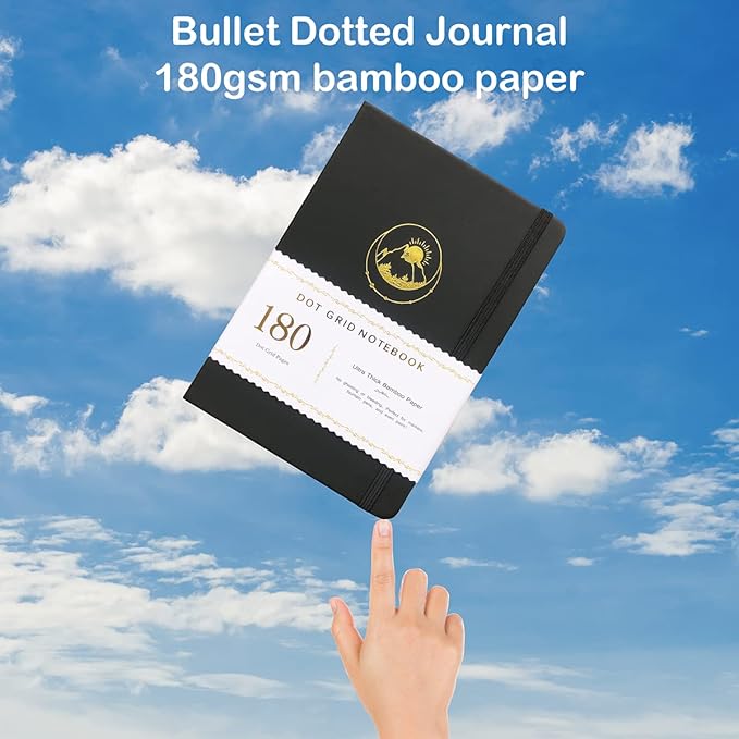 BUKE Dotted Notebook Journal 180GSM Bamboo Thick White Paper 160 Pages 5 * 5MM Dot Grid, Lay Flat Binding,Colored Silver Edges, Bookmarks and Expandable Back Pocket (BKP-2)