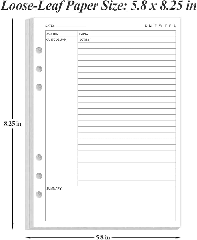 Cornell Notes Filler Paper for A5 Binder - 6 Hole Cornell Notes Refills Paper, 50 Sheets/100 Pages, 100gsm, White, 5.8'' x 8.5''