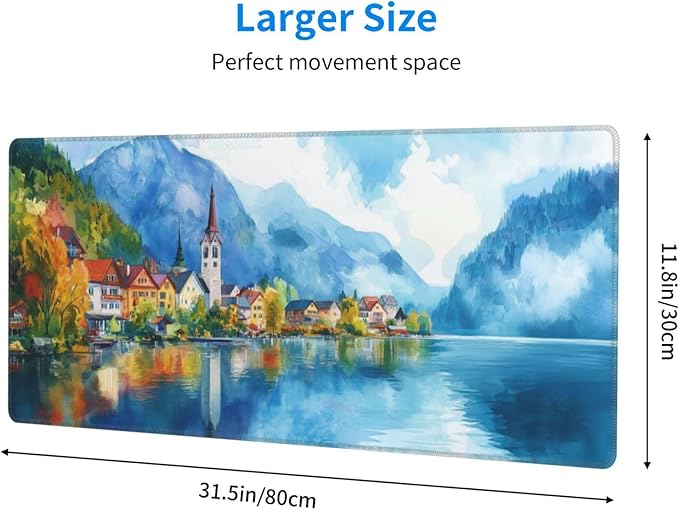 Watercolor Village Mouse Pad XL Large Mousepad Non Slip Rubber Base Desk Mat for Laptop Computer Gaming 31.5" X 12"