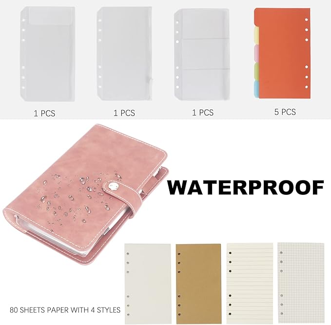 FYY A6 Binder Refillable Planner Notebook 6 Ring PU Leather Binder Journal with Pockets, Dividers, Refill Paper Pink