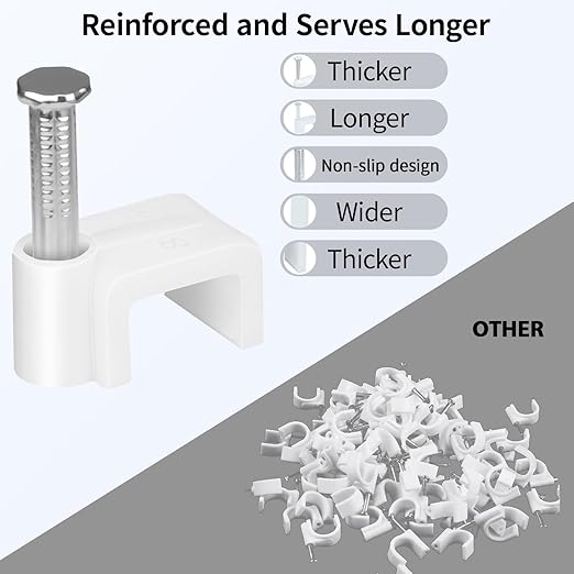 LeMotech 1200pcs Cable Clips 5/7/8/10mm Flat Cable Nail Clips Cable Tacks Coaxial Nail Clamps for Cable Cord Management RG6 RG59 CAT5 CAT6 RJ45 Electrical Ethernet Coaxial Clamps, White