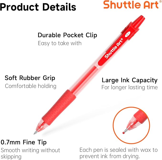 Shuttle Art Red Gel Pens, 20 Pack Retractable 0.7mm Medium Point Rollerball Red Ink Pens Smooth Writing with Comfortable Grip for Writing Journaling Taking Notes Office School Home