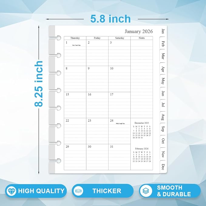 2026 Monthly Planner Refills, Two Pages Per Month,Jan 2026 to Dec 2026, A5 Size,5.8" x 8.25",8-Discbound，2026 Monthly Planner Inserts