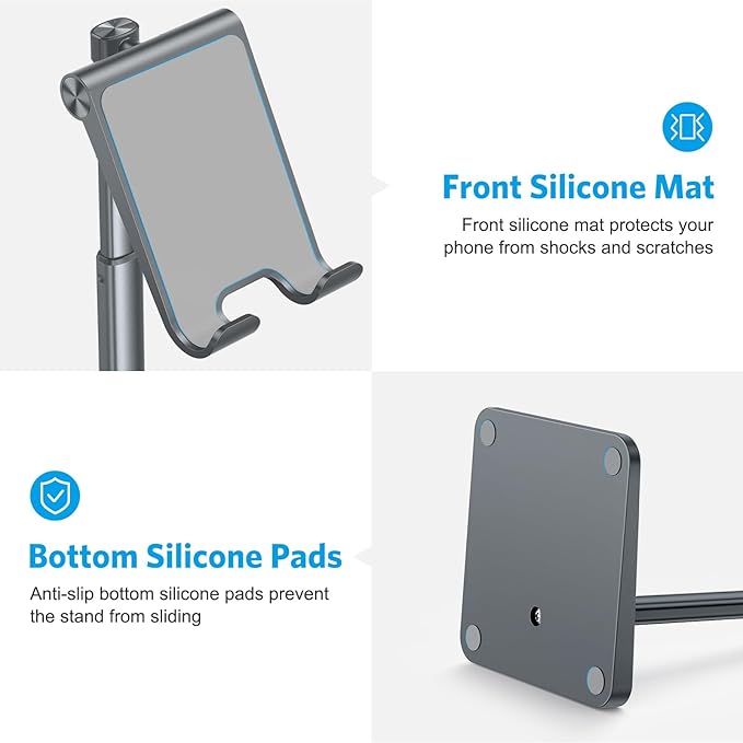 OMOTON Cell Phone Stand, Adjustable Angle Height Desk Phone Dock Holder for iPhone Air/17 Pro Max/ 11 Pro/XS Max/XR, Samsung Galaxy S20 / S10 / S9 / S8 and Other Phones (3.5-7.0-Inch), Gray