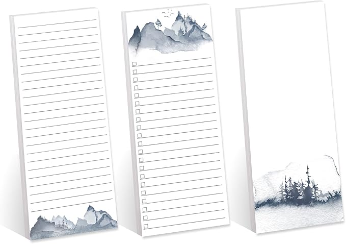 Watercolor Mountain Range Sticky Note Assortment/Set of 3 Blue Landscape Note Pads / 3" x 8" Daily Task Trackers / 50 Sheets Per Pad/Made in USA