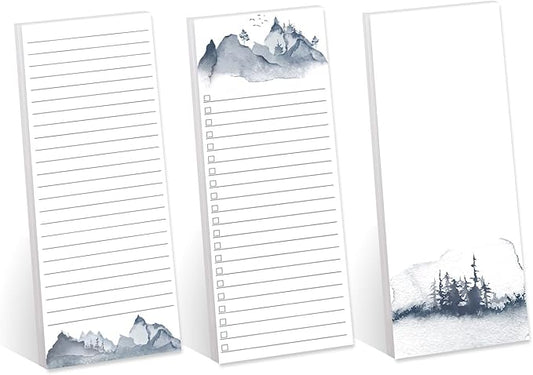 Watercolor Mountain Range Sticky Note Assortment/Set of 3 Blue Landscape Note Pads / 3" x 8" Daily Task Trackers / 50 Sheets Per Pad/Made in USA