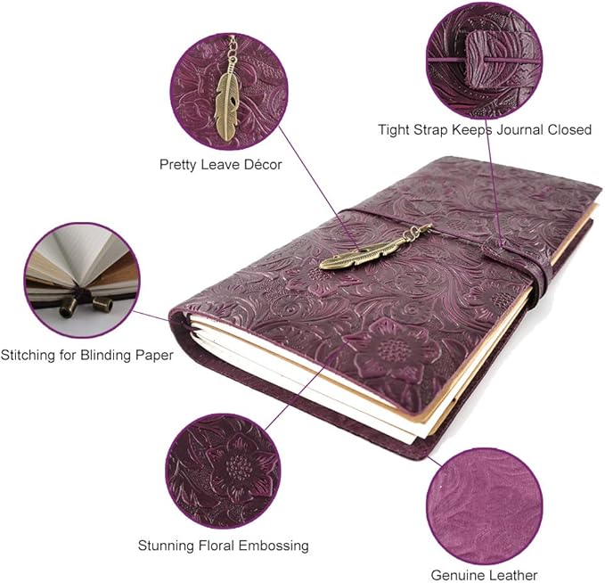 Refillable Leather Journal, Handmade Purple Leather Notebook with Bookmark for Men & Women, Vintage Leather Notepad Sketchbook Perfect for Writing, Gifts, Travelers (Purple, Standard)