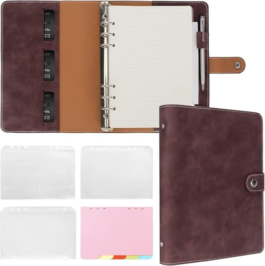 FYY A5 Binder Refillable Planner Notebook 6 Ring PU Leather Binder Journal with Pockets, Dividers, Refill Paper Dark Brown