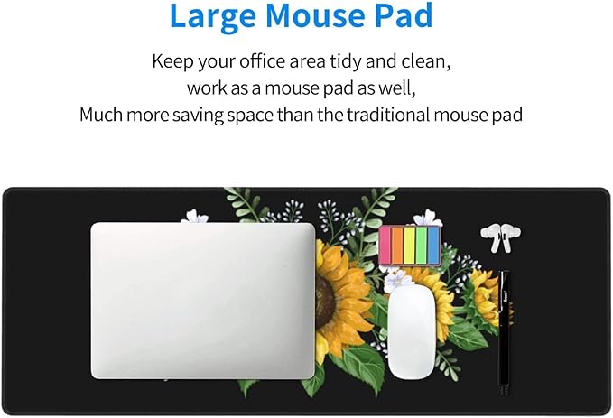 Sunflowers Wild Flowers Large Mouse Pad with Stitched Edges Long Non-Slip Rubber Base Mousepad Laptop Keyboard Mat Desk Pad for Office Home Desk Decor, 31.5" X 11.8"