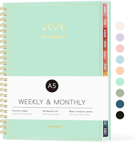 2026 Planner, Forvencer Calendar Planner Weekly and Monthly (Jan 2026-Dec 2026), 6" X 8", Agenda Book, Daily Journal Notebook with Tabs, Flexible Cover, Home School Organizer, A5, Mint Green
