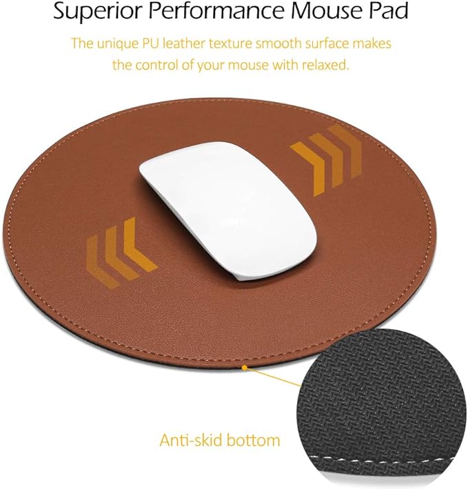 ProElife Premium Cute Round Mouse Pad Mat Waterproof PU Leather 8.66-Inch Mousepad with Anti-Skid Base Stitched Edge for Home Office Gaming Computer Laptop Accessories (Brown)