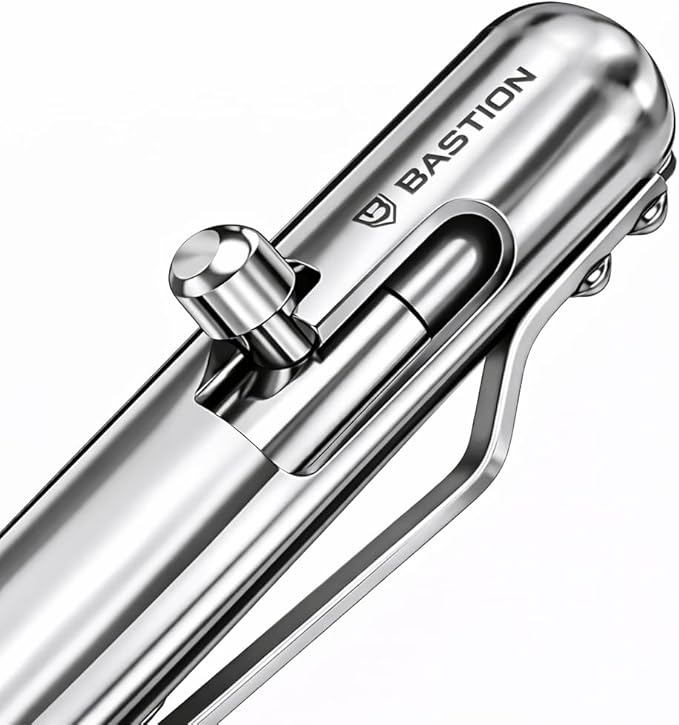 BASTION Luxury Executive Bolt-Action Ballpoint Pen for Men & Women | Ink Refillable Retractable Office Business Writing Pen | Glass Breaker Metal Self-Defense EDC (Stainless Steel)