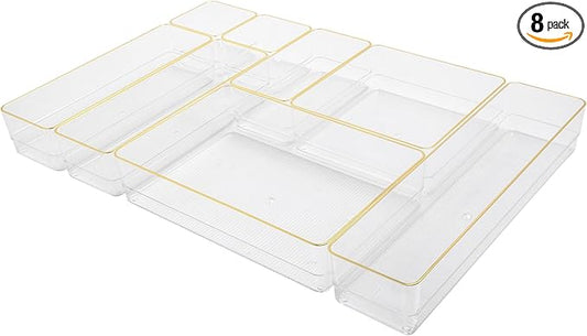 Martha Stewart Kerry Plastic Stackable Office Desk Drawer Organizers, Set of 8, with Gold Trim