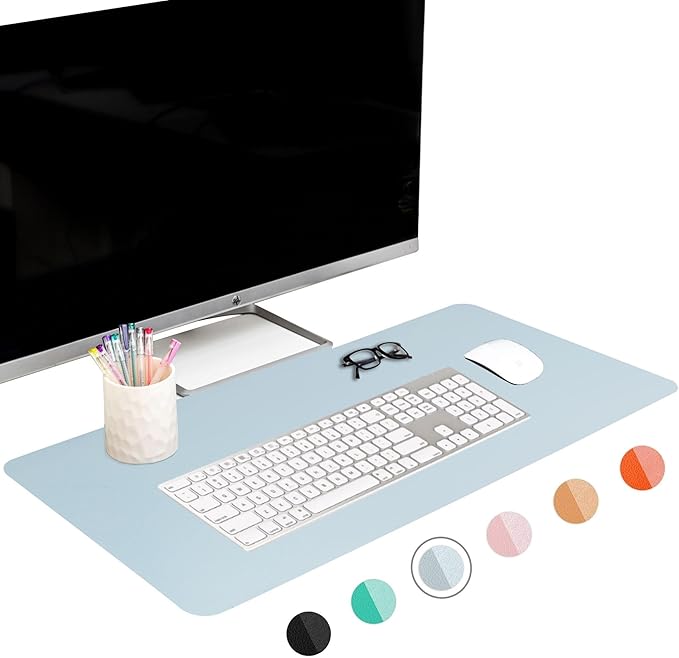 FTC PU Leather Desk Pad & Desk Blotter, Non-Slip Flannelette Base, Stitched Desk Mat for Keyboard, Mouse & Writing, Home or Office (Smokey Blue, 31.5” x 15.75”)