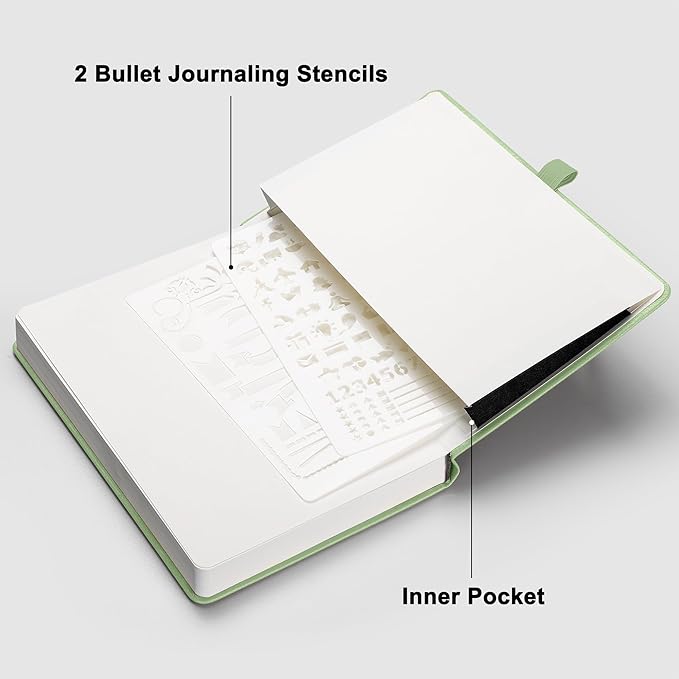 RETTACY Dotted Journal Notebook, 192 Pages, A5 Medium Size (5.7'' x 8.3''), Leather Hardcover, 100 GSM Thick Paper, for Bullet Journaling, Planning, Tracking (Light Green)