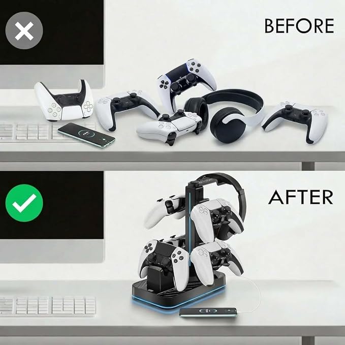 PS5 Controller Charger with Headphone Stand, RGB PS5 Controller Charging Station Dock with 3 USB Ports, Headset and Controllers Holder Stand for PlayStation 5 & DualSense Edge Controllers