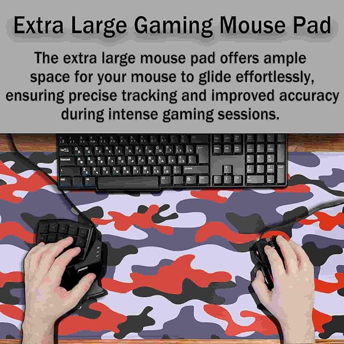 Keyboard Mouse Pad Blue Home Office Desk Pad Large Mousepads Computer Mat Keyboard Desk Mat Waterproof Non-Slip Rubber Base 35.4" X 15.7" for Game Office, Camouflage with Red Spots