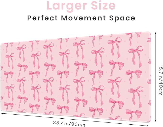 Large Pink Mouse Pad with Bows, 35.4 x 15.7in Full Desk Mat Pink Keyboard Mat Cute Computer Mouse Pad Home Office Supplies Accessories, Non-Slip Rubber Base Extra Large Gaming Mousepad, Girly Décor