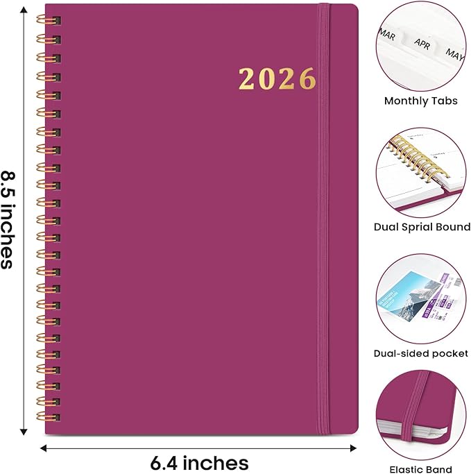 2026 Planner, Weekly and Monthly Calendar Planner Book, January 2026 - December 2026, Hardcover Spiral Planner with Monthly Tabs, Notes Pages, Perfect for Women & Men, A5 (6.4" x 8.5") - Raspberry