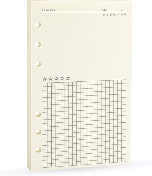 A6 Binder Refill,6 Ring Binder Inserts,for Filofax/Personal Journal, Blank and Grid, 45 sheets/90pages, 100Gsm Quality, Harphia (A6 3.74 x 6.77'',Noterecord)