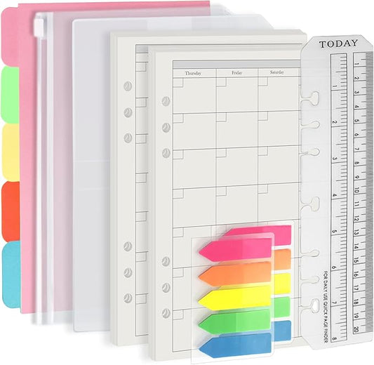 Harphia A5 6 Holes Binder Refill Value Set, 90sheets monthly plan loose leaf paper with stickers and dividers, planner insert with binder pockets for A5 binder 6 holes refillable notebook,005da5month