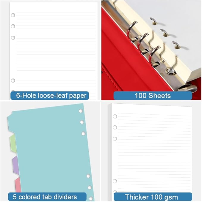 A5 6 Hole Refill Paper,A5 Planner Inserts, Binder Inserts,100 Sheets 6mm Line Spacing Paper,5 Colored Index Dividers, Narrow Ruled,6 Ring Loose Leaf for Planners, Binders,5.8"x8.3"