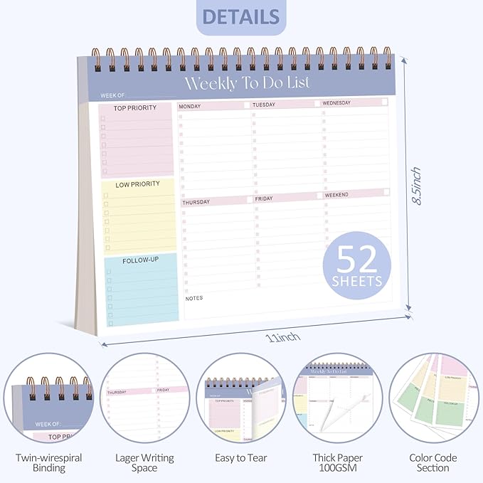 Weekly To Do List Notepad with 52 Undated Sheets (8.5"×11"), Desk Weekly Planner Notepad for Office Desk Accessories and School Supplies (Purple)