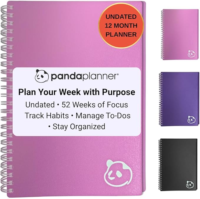 Panda Planner 2026 Undated Weekly Planner, Weekly To Do List Notebook with Spiral Binding - 5.75” x 8.25”, 52 Weeks - Undated Planner with Habit Tracker Notebook for Home, School & Office (Pink)