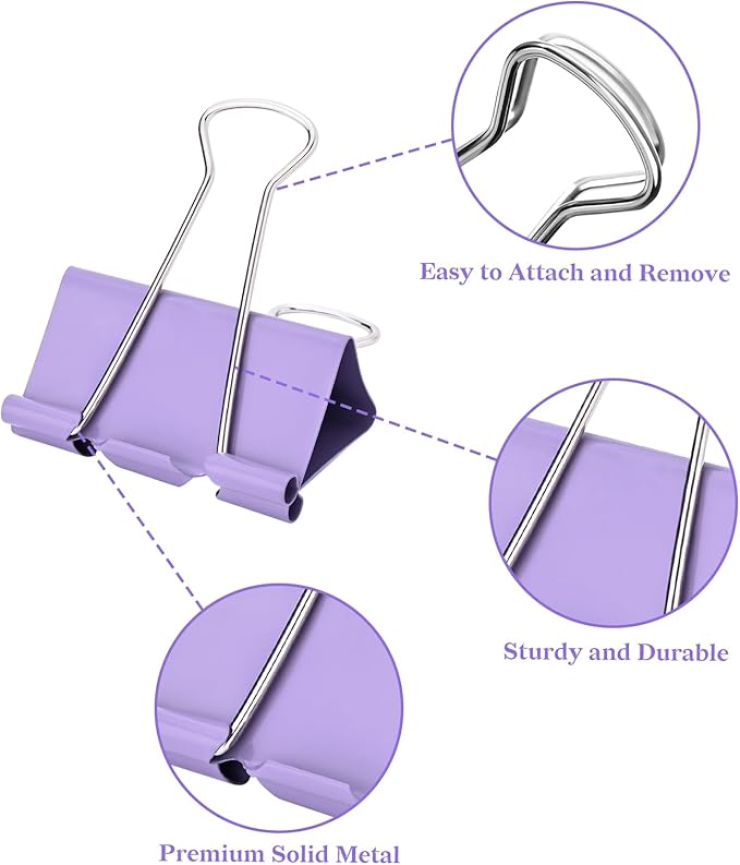 Temiary Aesthetic Binder Clips, 12 Pcs 2 Inches Small Metal Binder Clip with Clear Storage Container, Binding Paperwork Clamps for School Teachers Office Supplies (Purple)