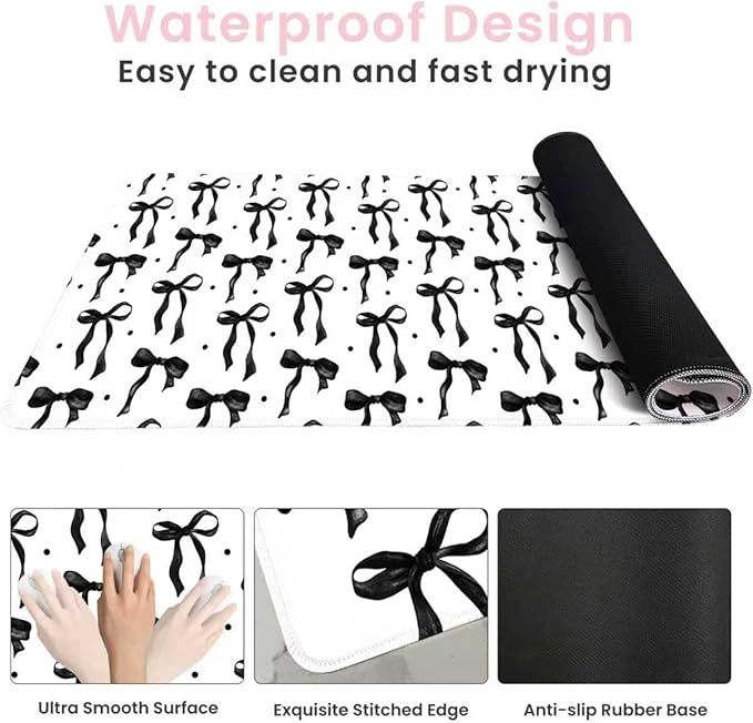 Cute Mouse Pad, Black and White Desk Mat with Bows Computer and Keyboard Mat, Non-Slip Rubber Base Laptop PC Pad, XXL Large Mouse Mat Desktop Pad Home Office Accessories for Girl 35.4 x 15.7in