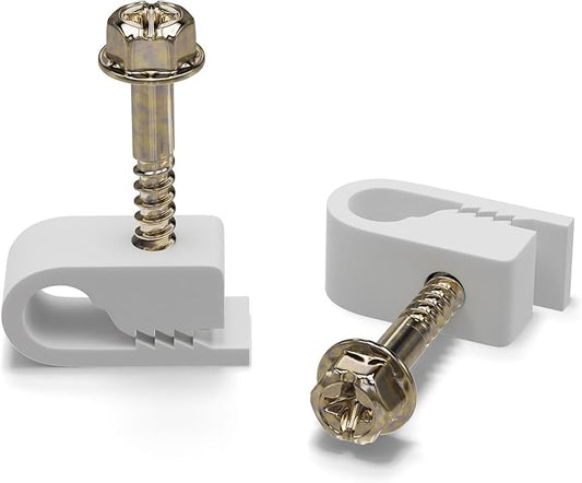 THE CIMPLE CO - Single Coaxial Cable Clips, Cat6, Electrical Wire Cable Clip, 1/4 in (6 mm) Screw Clip and Fastener, White (50 Pieces per Bag)