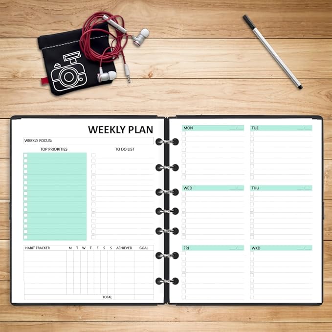 Undated Weekly Planner Refills for A5 Planner Binder - 53 Sheets/106 Pages Undated Colorful Weekly Planner Inserts, 7-Hole Punched, Weekly Plan (Left), Daily Details (Right), A5 Planner Inserts, Lasts 1 Year, Undated, 5.8" x 8.25"