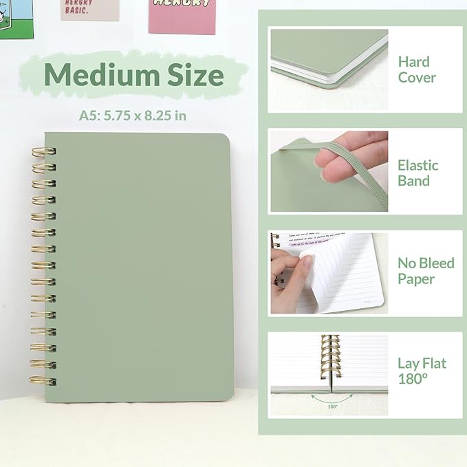 SUNEE Journaling Notebooks, A5 Lined Spiral Notebook for Women, 146 Pages College Ruled Hardcover Notebook for Work, Note Taking, Journaling and Office School Supplies, A5 - Sage Green