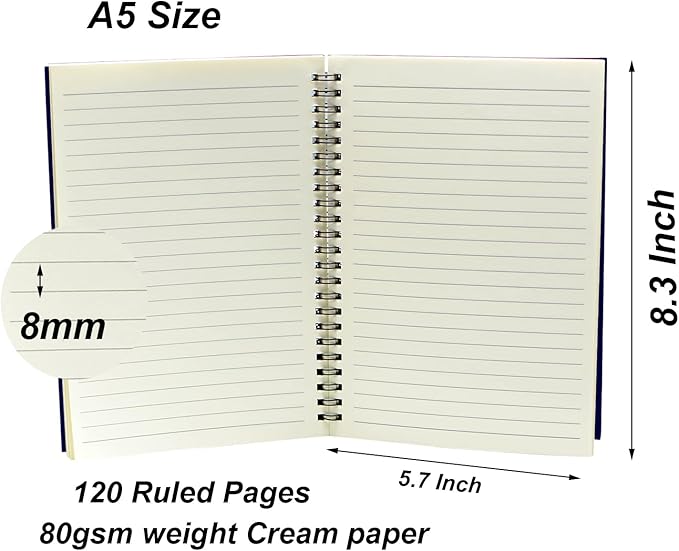YYaaloa 8-Pack A5 Lined Sketch Book Soft Cover Spiral Notebooks Journals 120 Pages 5.7" x 8.3" Cream colored paper (A5 Lined black 8pcs)