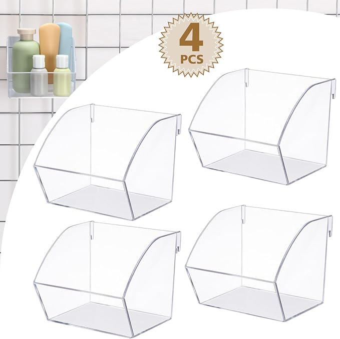 4 Pack Gridwall Baskets Hanging Gridwall Clear Acrylic Grid Wall Panels Bins Applicable to 3-inch Grid Board for Organizing Storage Display Kitchen Home Office Garage Bathroom (Simple Style)