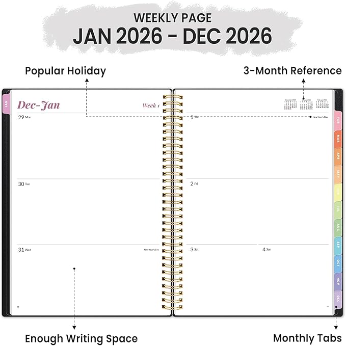 2026 Planner, Annecy Weekly ＆ Monthly Planner 2026, Jan. 2026 – Dec. 2026, 8.5" x 11" Monthly Agenda Planner with Tabs, Waterproof Flexible Cover, Spiral Binding, Double-sided Pocket, Bookmark, Black