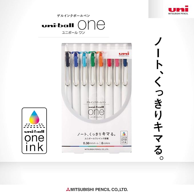 Uni Ball One, Gel Ink 0.38mm Ballpoint Pen, 8 Colors Set (UMNS388C)
