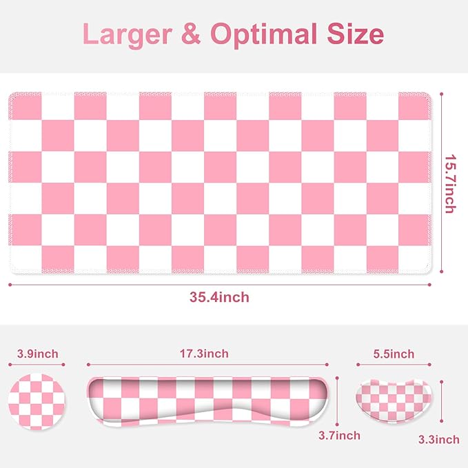 Pastel Pink White Checker Mouse Pad Set, 4 in1 Ergonomics Keyboard Desk Mat with Memory Foam Wrist Rest, Extended Game Mousepad, Non-Slip Large Gaming Desk Pad Matt Easy Typing Pain Relief