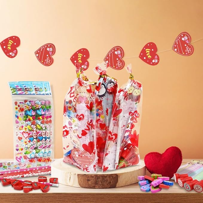 UMEELR 28 Pack Valentines Day Cards Stationery Set, Valentines Day Gifts with Pencil Cards Stamper Eraser Ruler Sharpener Gift Bag for Kids Valentine's Classroom Prize Valentine Gifts Exchange