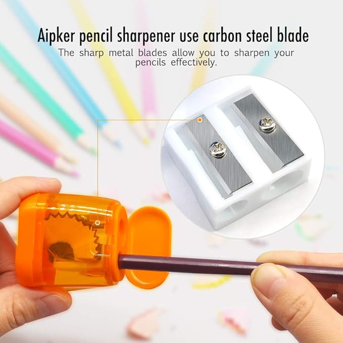 Pencil Sharpeners, Aipker Manual Sharpeners & Pencil Top Eraser Set for Colored Pencils, Colorful Protable Dual Holes Pencil Sharpener with Lid for Kids, Audlts, Artists, Classroom, School & Office