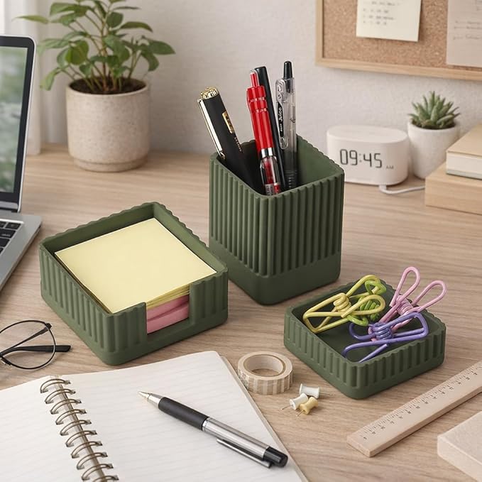 Aesthetic Concrete Desk Organizer Set of 3 - Stylish & Durable Office Accessories - Includes Pen Holder, Paperclip Storage, and Sticky Note Holder for a Clean, Modern Workspace (Green)