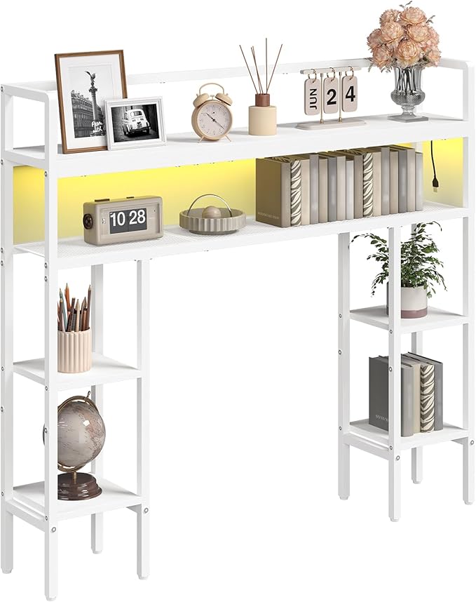 Desktop Shelf with LED Light Strip, Desktop Hutch with Adjustable Feet and Anti-Tip Kit, Storage Shelf with Particleboard Shelves and Wire Mesh, for Study, Home Office, White DSWT9801