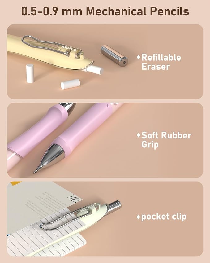 Nicpro 31PCS Pastel Mechanical Pencil Set in Case, Cute Mechanical Pencils 0.5, 0.7, 0.9 mm & 2.0 mm with 15 Tube (HB 2B Colors)Lead Refills, 3 Erasers, Aesthetic School Supplies for Writing Sketching
