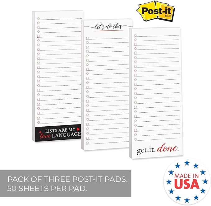 Motivational Sticky Note Checklist Assortment/Set of 3 Black and Red to Do Note Pads / 3" x 8" Empowering Task Trackers / 50 Sheets Per Pad/Made in USA