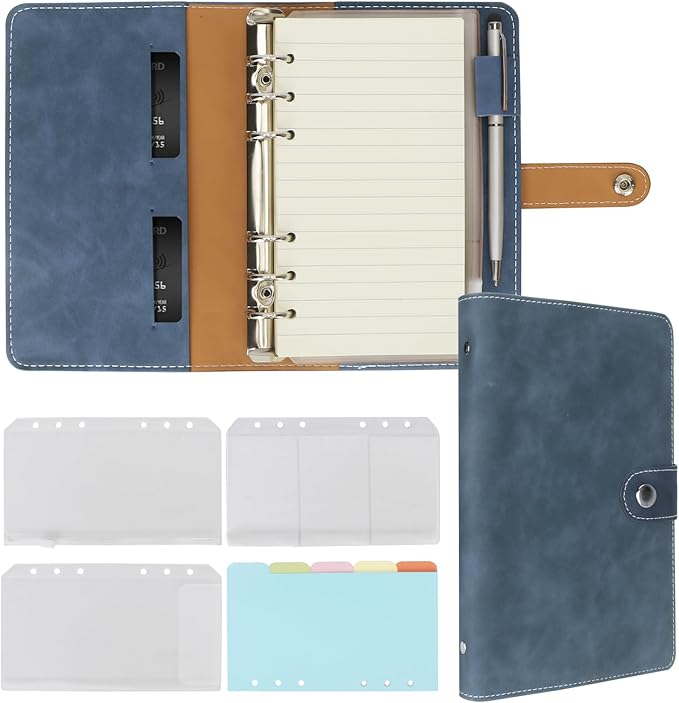 FYY A6 Binder Refillable Planner Notebook 6 Ring PU Leather Binder Journal with Pockets, Dividers, Refill Paper Navy