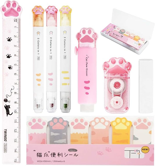 Cat Stationery Set, Cute Stationery Kawaii Retractable Erasers for Kids, Correction Tape Aesthetic, Cat Paw Ruler 15cm, Cute Pens, Sticky Notes Cute, School Supplies for Girls (Pink)